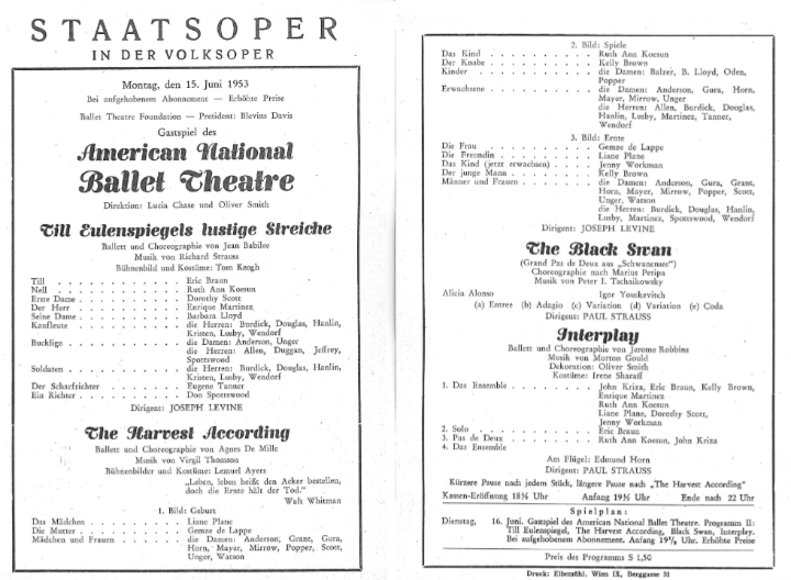 Theaterzettel Staatsoper in der Volksoper, 15. Juni 1953, Gastspiel des American National Ballet Theatre. Privatsammlung.